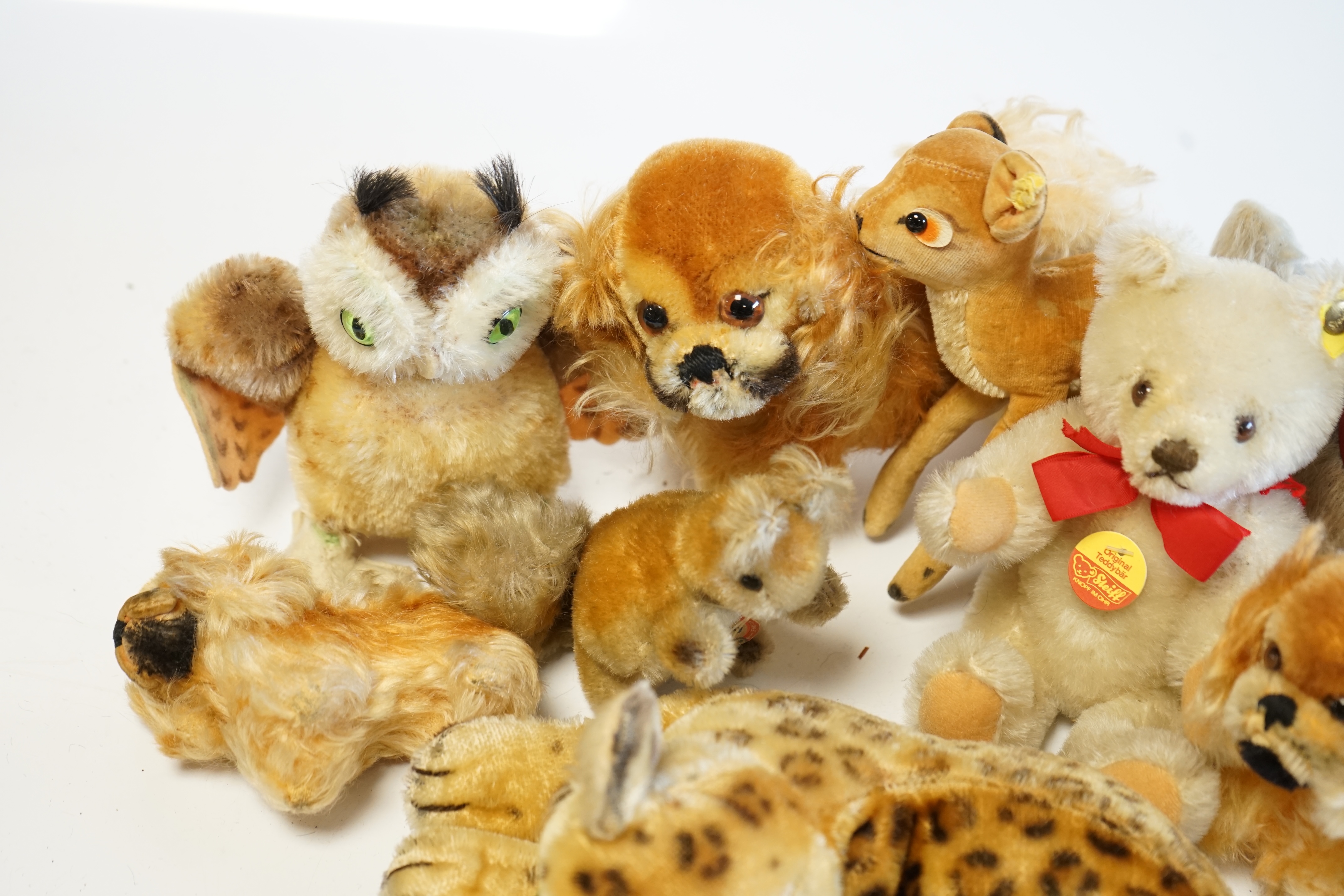 Assorted 1960's Steiff animals including three Petsy small white original teddy, Wittie owl and others (10). Condition - fair